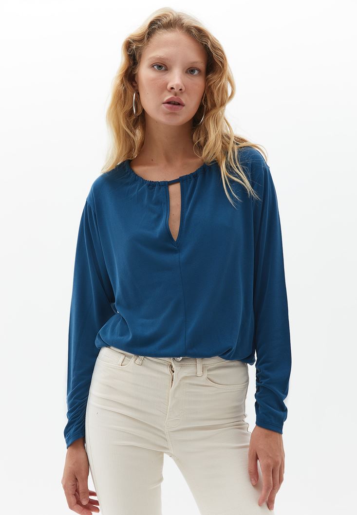 Bayan Mavi Cut-Out Detaylı Bluz ( MODAL )
