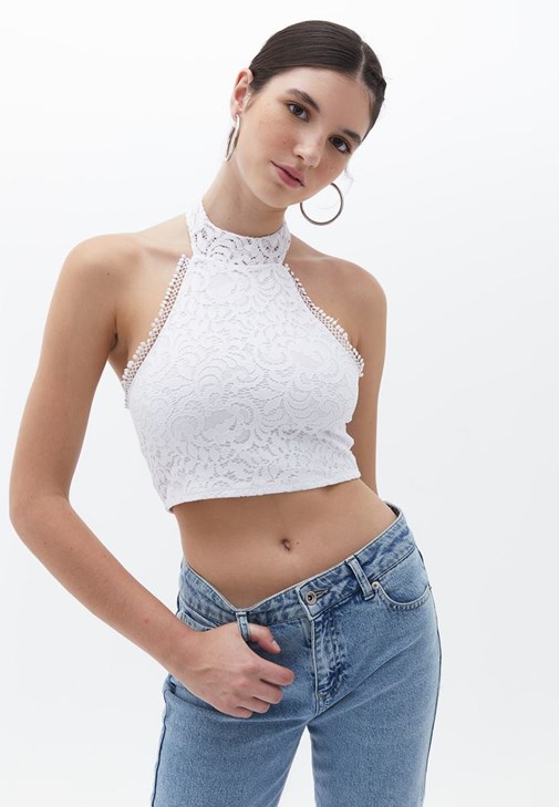 White Crop Bralet with Lace Online Shopping