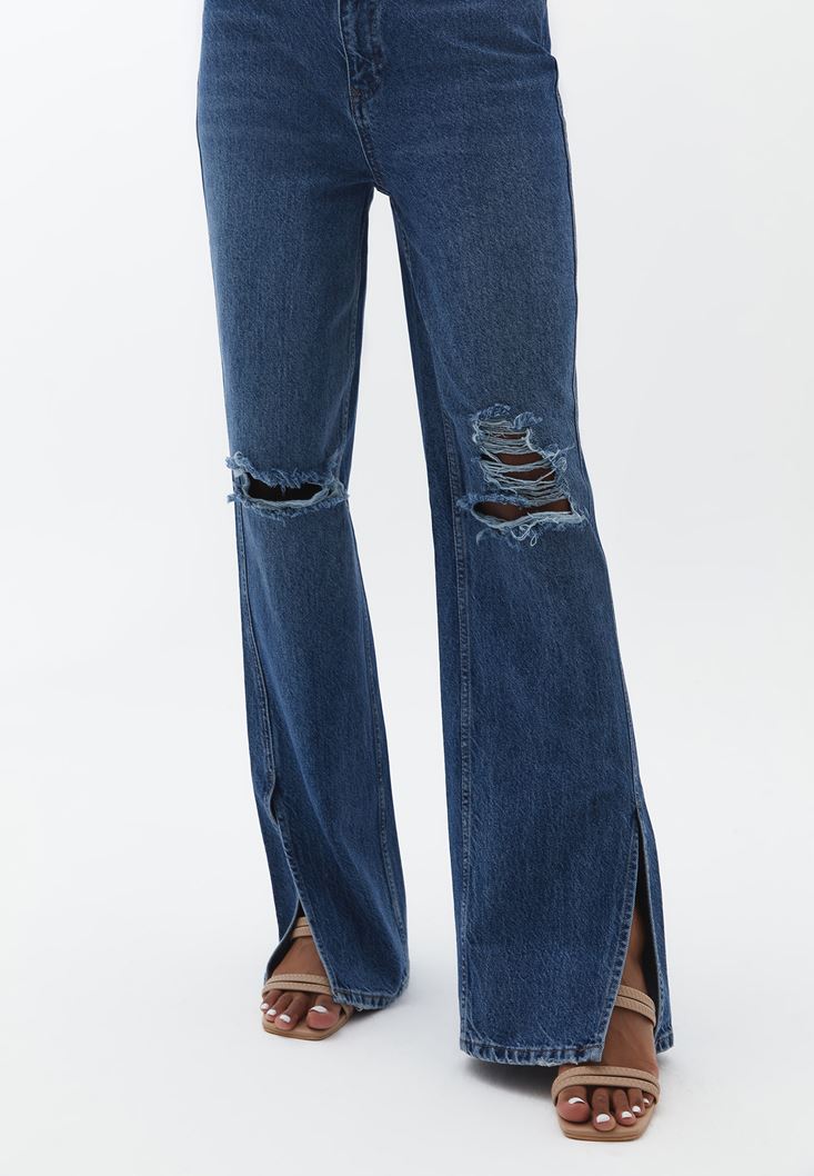Bayan Mavi Yüksek Bel Straight-Fit Denim Pantolon