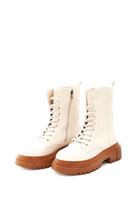 Women Beige Vegan Leather Lace Up Tall Combat Boots
