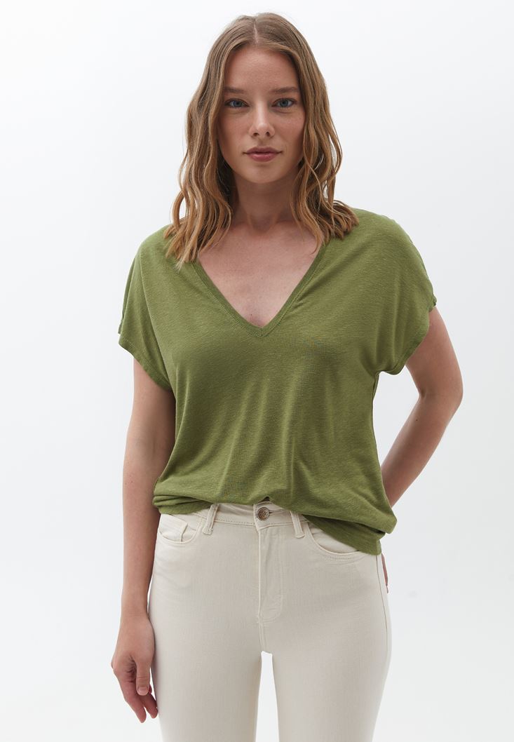 Bayan Yeşil Keten V Yaka Tişört