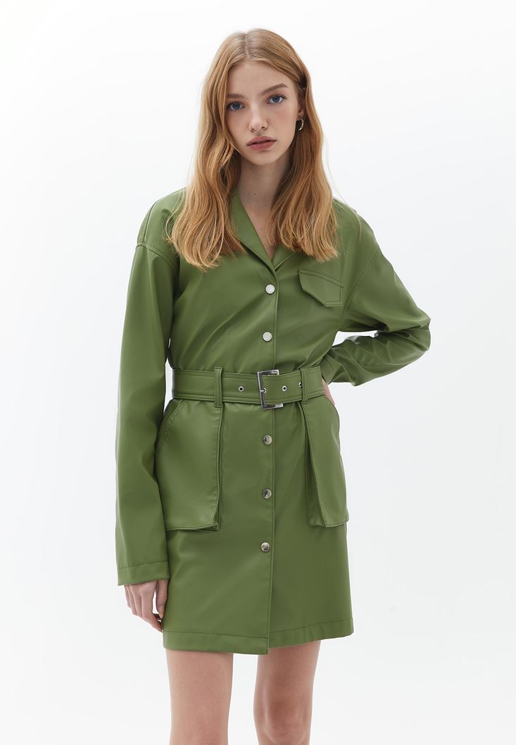 Bayan Yeşil Vegan Deri Ceket Elbise