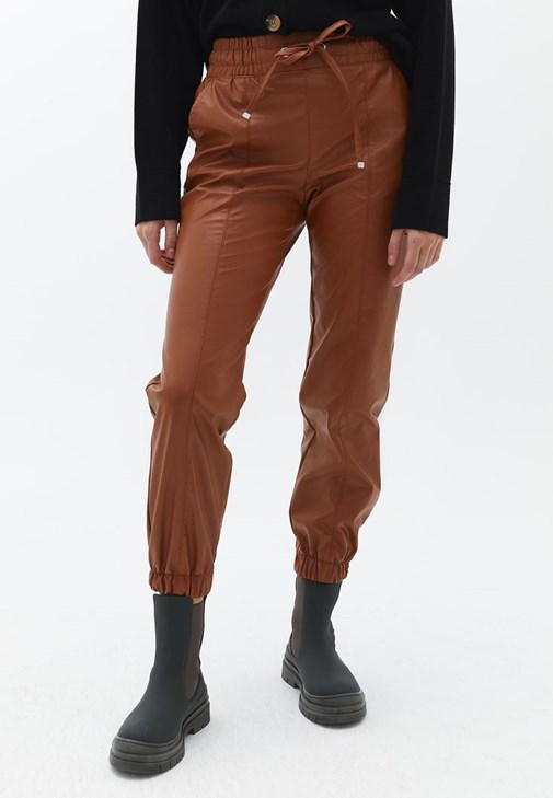 Brown High Rise Vegan Leather Jogger Pants Online Shopping