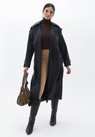 Women Black Vegan Leather Maxi Trenchcoat