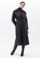 Women Black Vegan Leather Maxi Trenchcoat