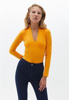 Women Orange Cotton V-Neck Tshirt