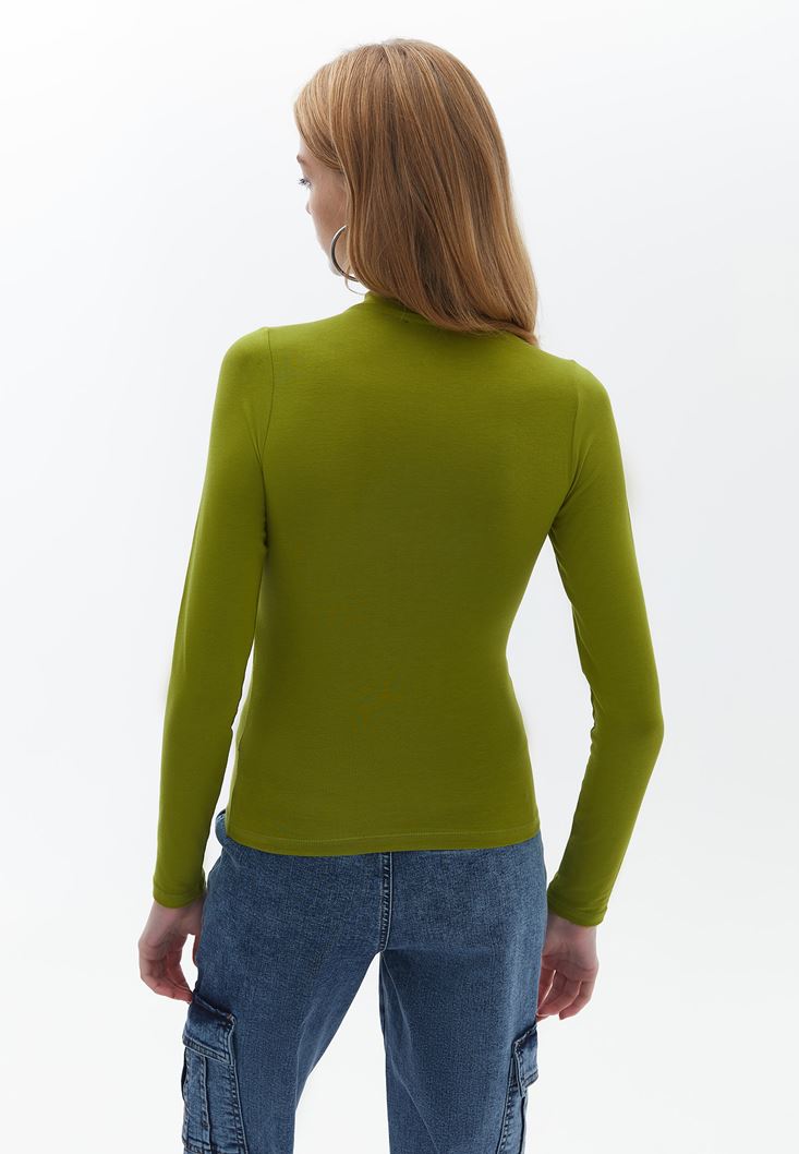 Bayan Yeşil Pamuklu Cut-Out Detaylı Tişört
