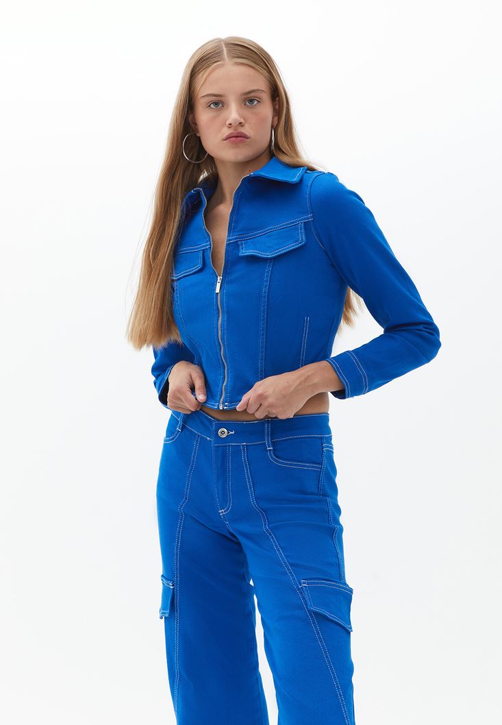 Bayan Mavi Dikiş Detaylı Crop Ceket