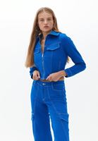 Women Blue Crop Jacket with Contrast Seam