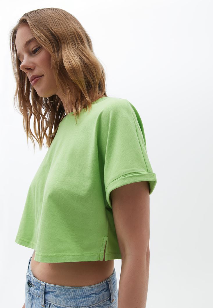 Bayan Yeşil Pamuklu Crop Tişört