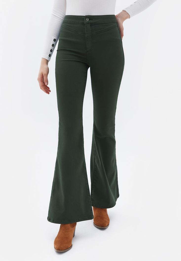 Bayan Yeşil Ultra Yüksek Bel Flare Pantolon