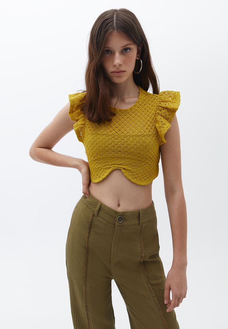 Bayan Sarı Dantelli Crop Bluz