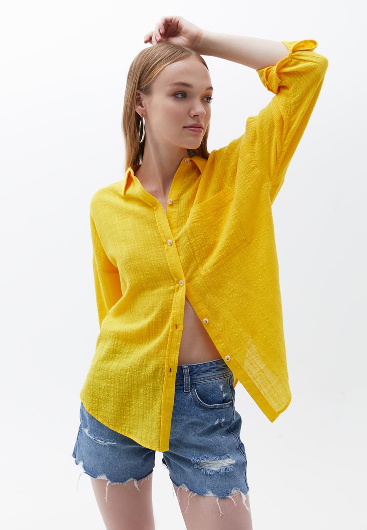 Bayan Sarı Oversize Cepli Gömlek