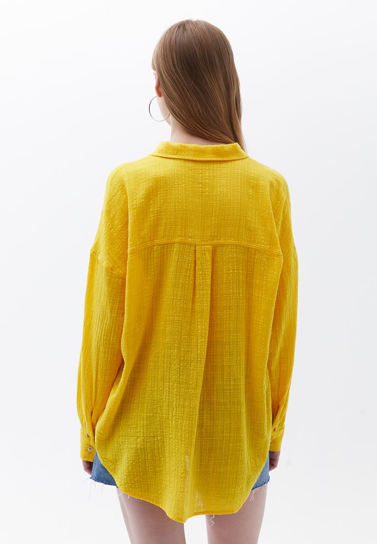 Bayan Sarı Oversize Cepli Gömlek