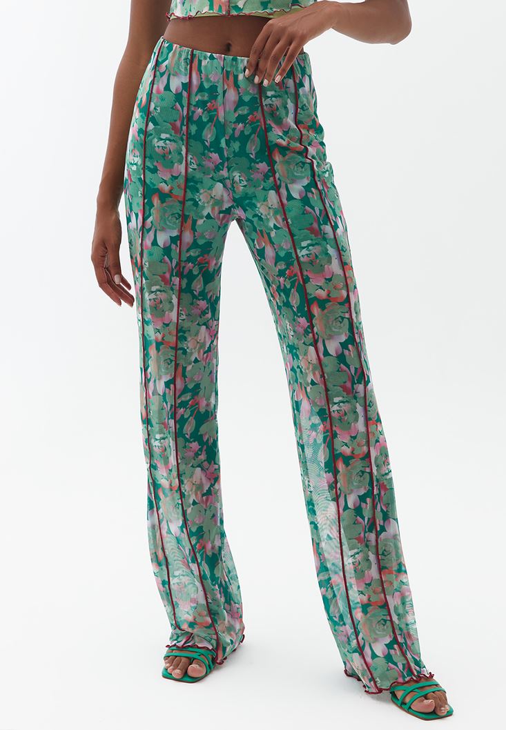 Bayan Çok Renkli Yüksek Bel Çiçek Desenli Tül Pantolon 