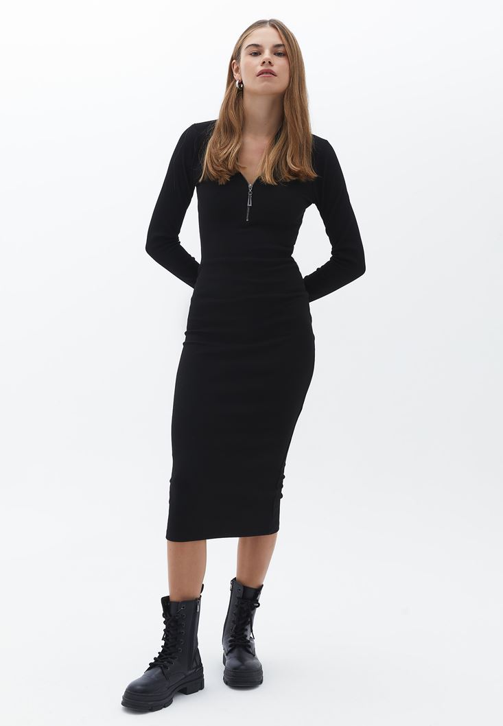 Bayan Siyah Fermuar Detaylı Midi Elbise