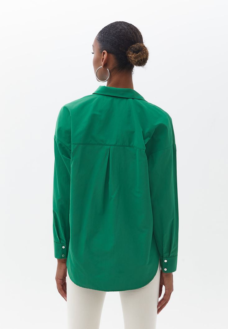 Bayan Yeşil Loose-Fit Poplin Gömlek