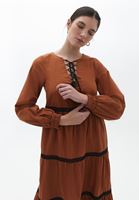 Bayan Kahverengi Loose-Fit Poplin Midi Elbise