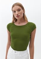 Bayan Yeşil Pamuklu Esnek Tişört