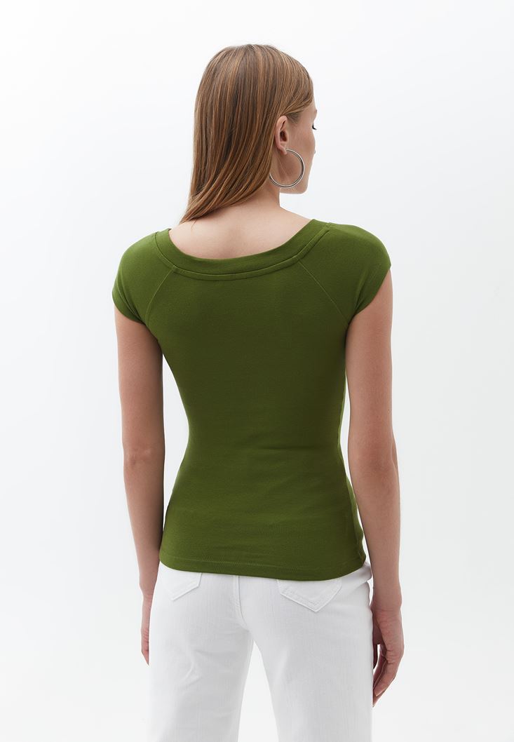 Bayan Yeşil Pamuklu Esnek Tişört