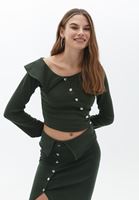 Bayan Yeşil Yaka Detaylı Düğmeli Bluz