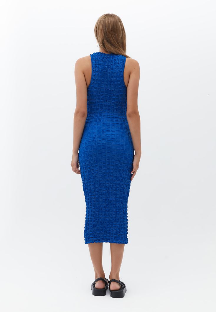 Bayan Mavi Cut-Out Detaylı Midi Elbise
