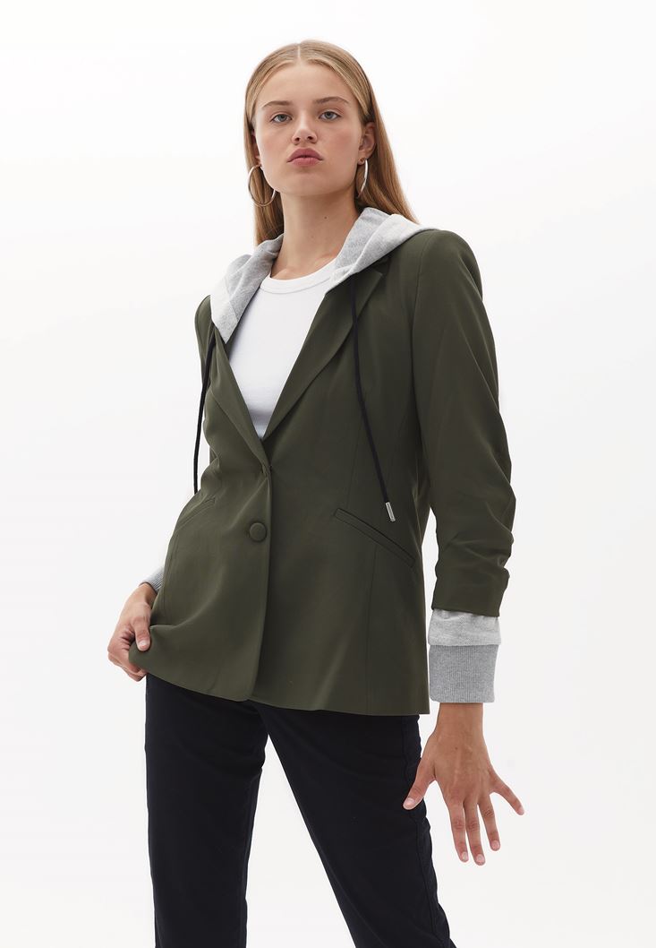 Bayan Yeşil Kapüşonlu Blazer Ceket