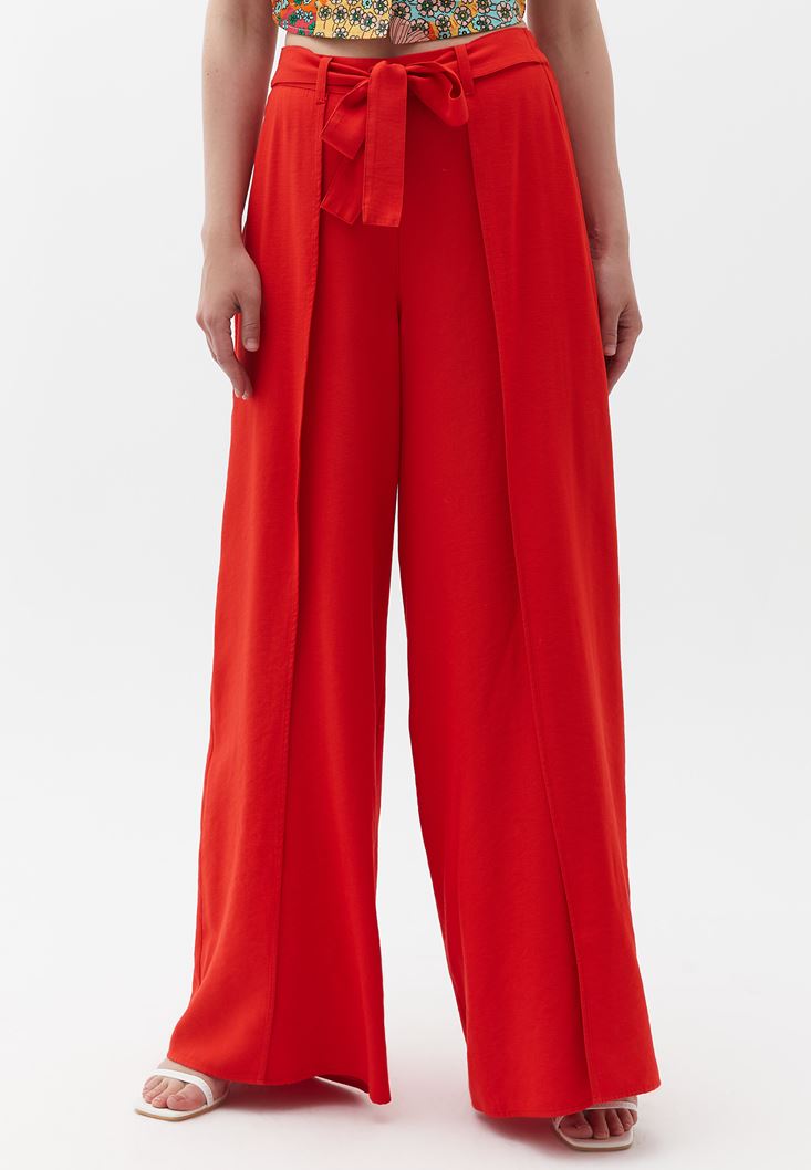 Bayan Kırmızı Yırtmaç Detaylı Wide-Leg Pantolon