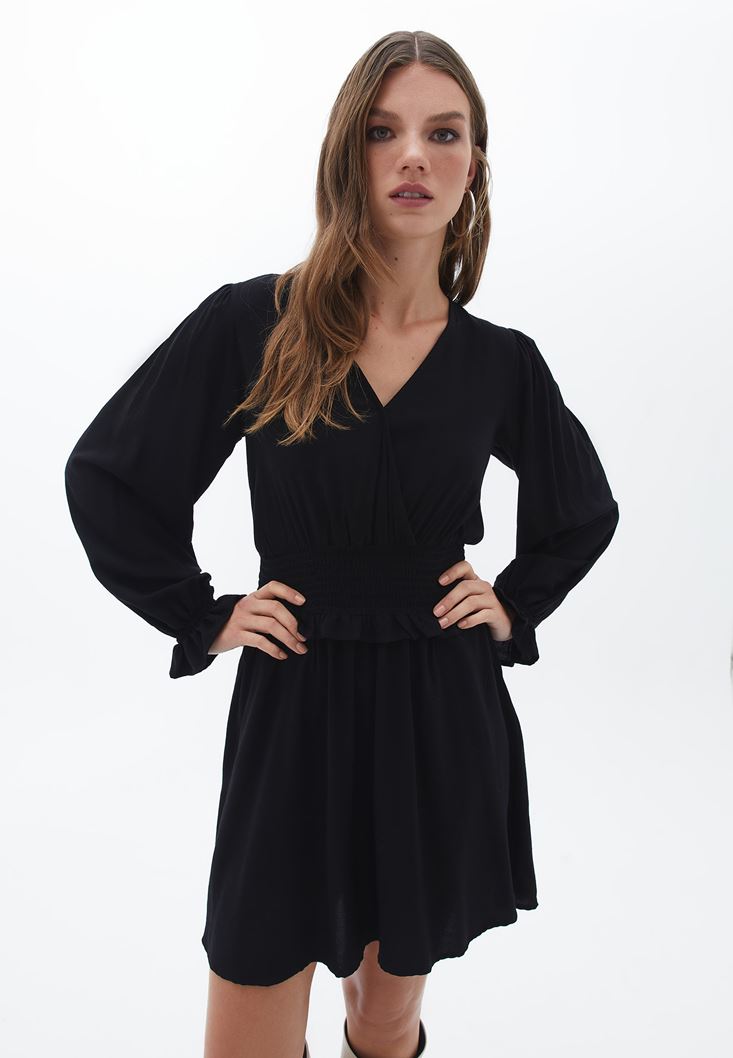 Bayan Siyah Kruvaze Mini Elbise