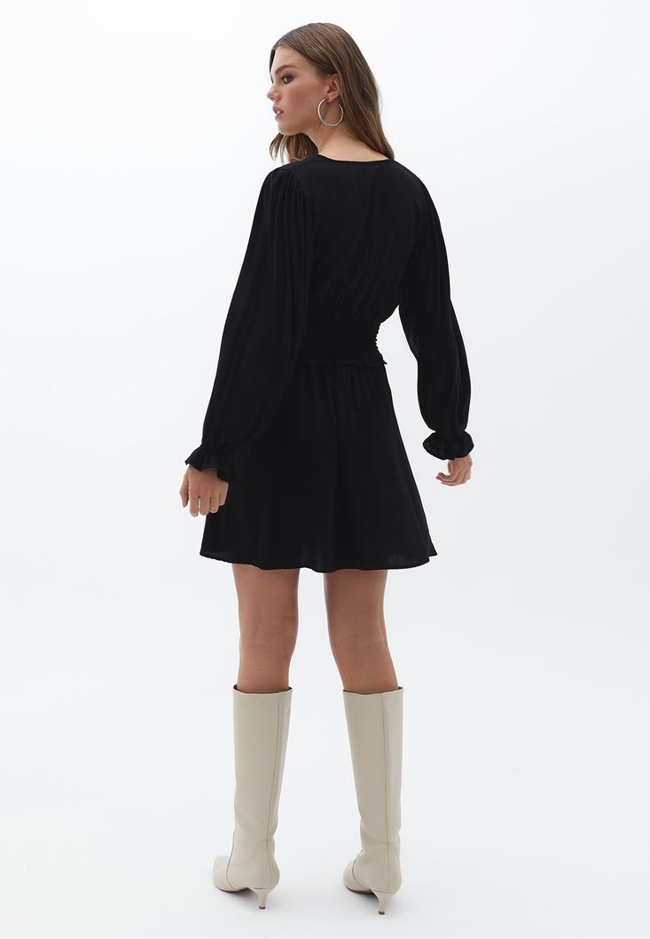 Bayan Siyah Kruvaze Mini Elbise