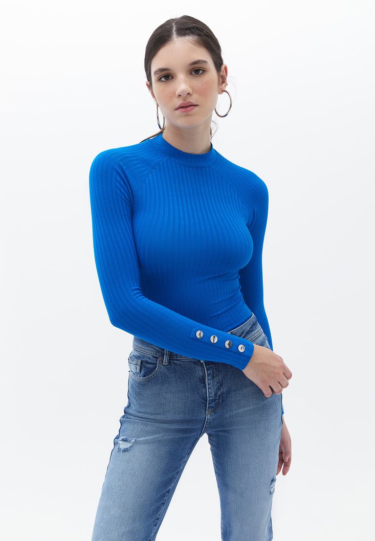 Bayan Mavi Düğme Detaylı Uzun Kollu Tişört