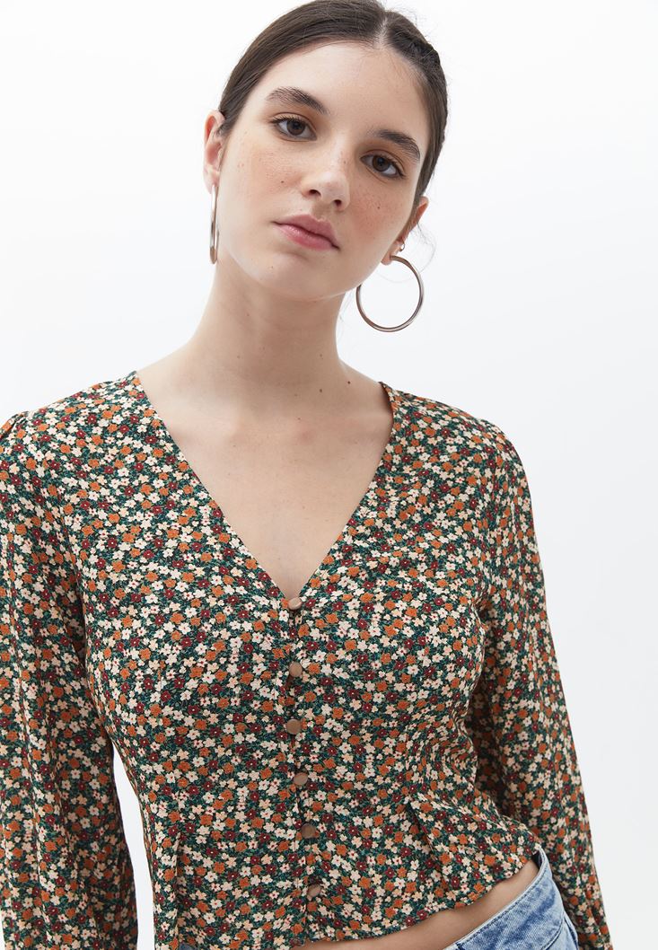Bayan Çok Renkli Düğmeli Crop Bluz