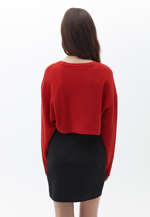 Women Orange Rib Round Neck Full Sleeves Crop Sweater