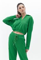 Bayan Yeşil Polo Yaka Crop Tişört
