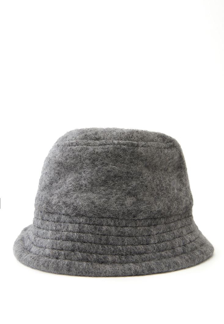 Bayan Gri Yün Karışımlı Bucket Şapka