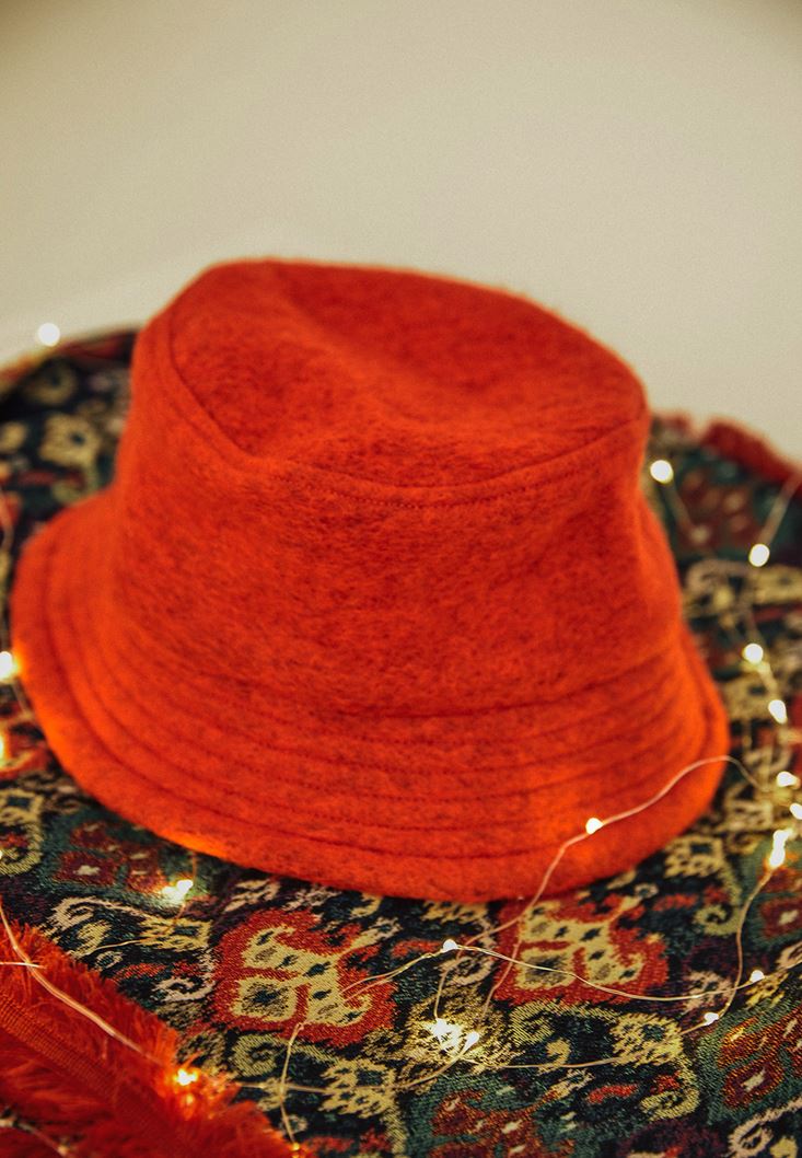 Bayan Turuncu Yün Karışımlı Bucket Şapka