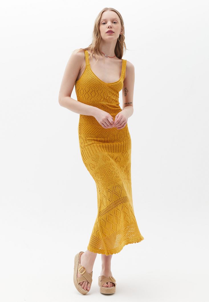 Oxxo Sarı Ajurlu Triko Elbise. 2