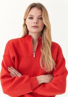 Bayan Kırmızı Fermuar Detaylı Pamuklu Sweatshirt