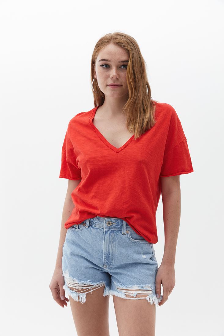 Bayan Kırmızı V Yaka Oversize Tişört