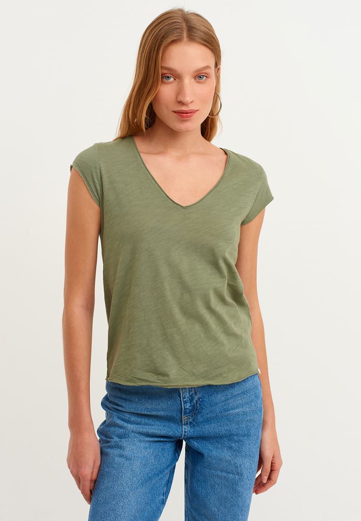 Bayan Yeşil Pamuklu V Yaka Tişört