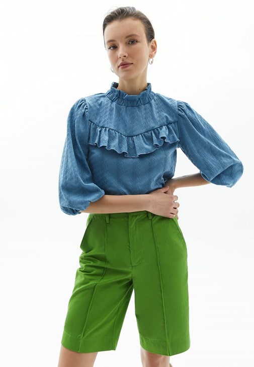 Blue Frill Detailed Neck Blouse 