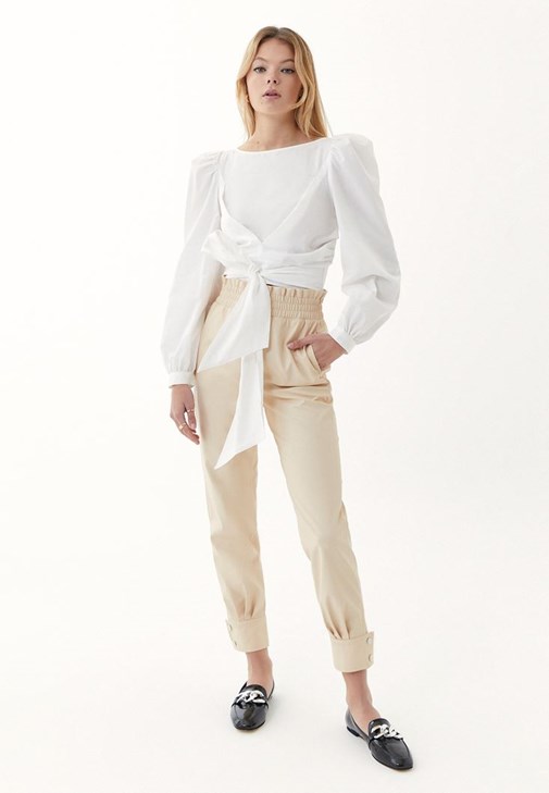 Beige Shirred Waist Leather Jogger Pant 