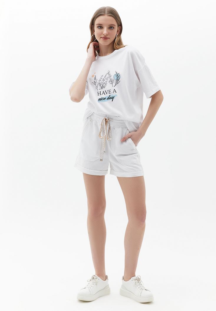 Women White Mini Shorts with Waist Detail
