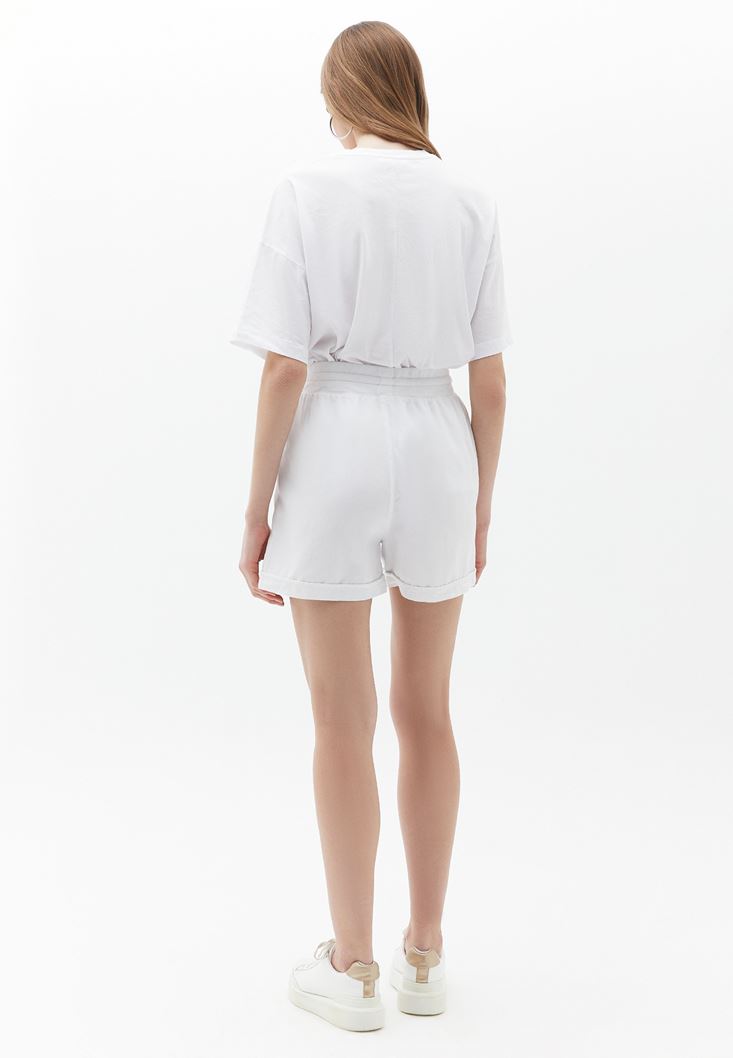 Women White Mini Shorts with Waist Detail