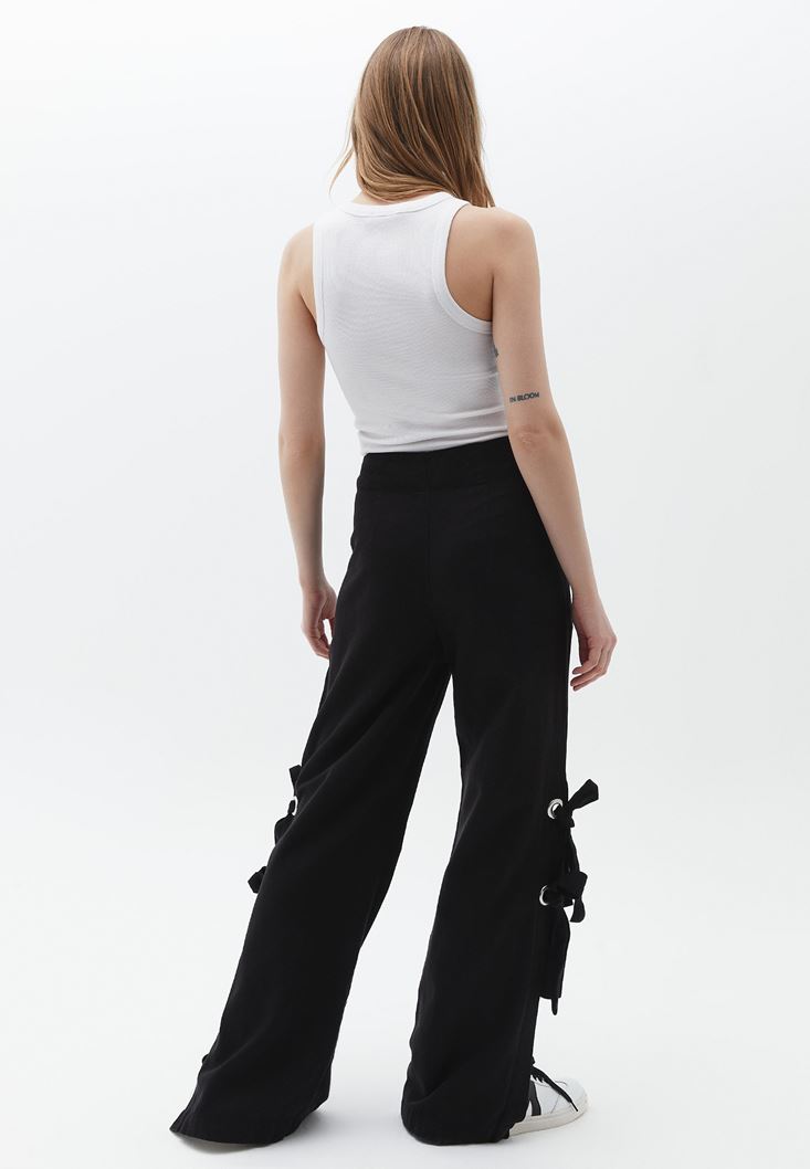 Bayan Siyah Paça Detaylı Wide-Leg Pantolon ( TENCEL™ )