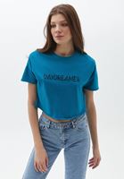 Bayan Mavi Pamuklu Crop Tişört