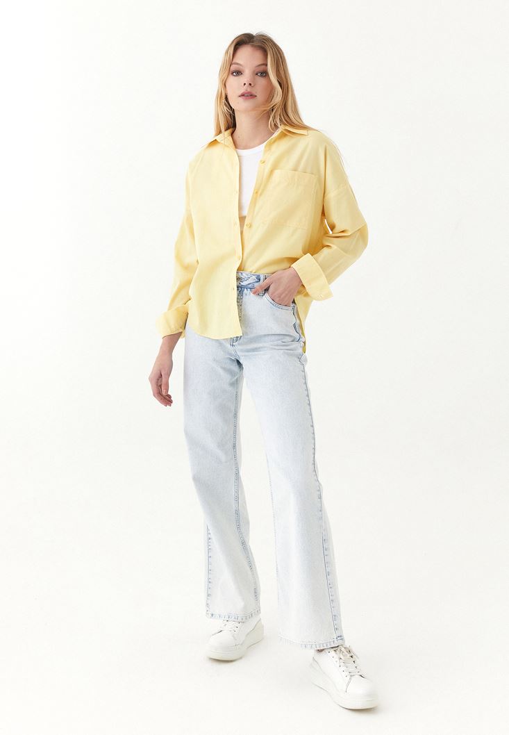 Bayan Sarı Pamuklu Oversize Gömlek