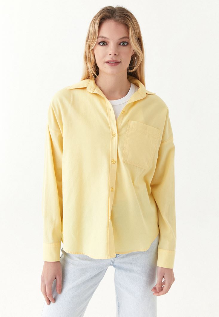 Bayan Sarı Pamuklu Oversize Gömlek