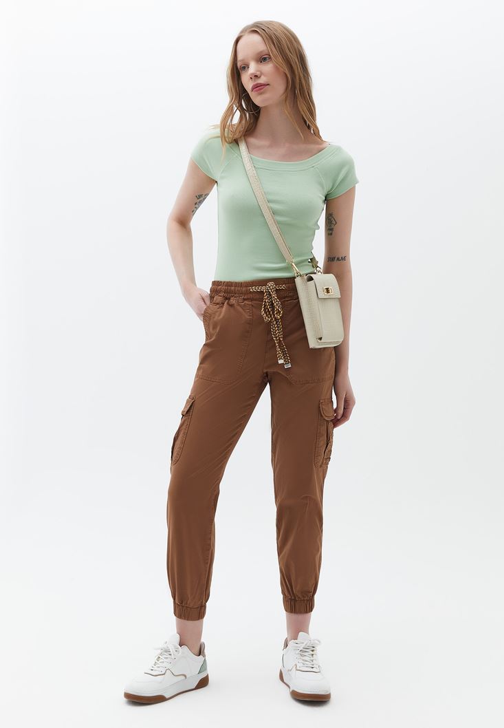 Brown Elasticated waistband cargo jogger pants Online Shopping | OXXOSHOP