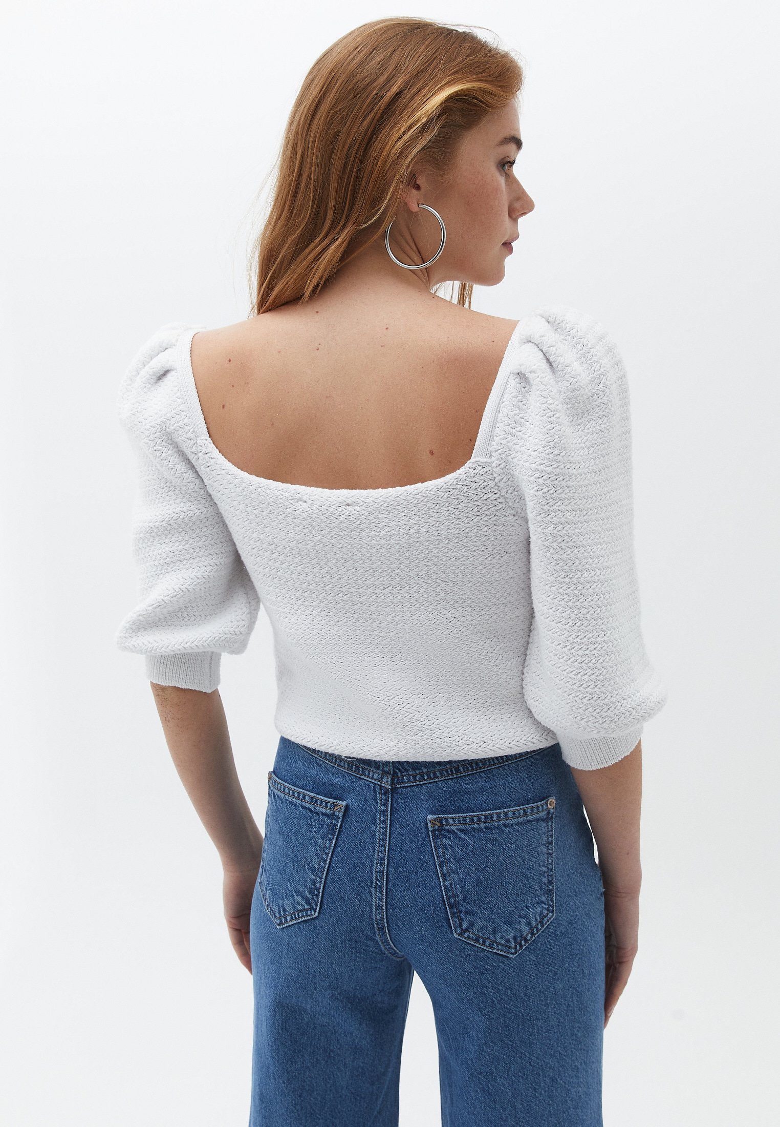 Women White Short Sweater with Puff Sleeves